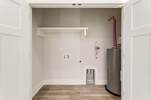 laundry room with electric dryer hookup, light hardwood / wood-style floors, hookup for a washing machine, and water heater