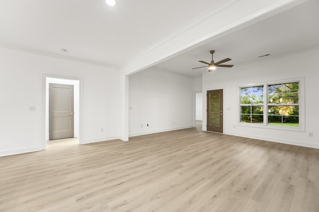 unfurnished living room with beam ceiling, ceiling fan, and light hardwood / wood-style flooring