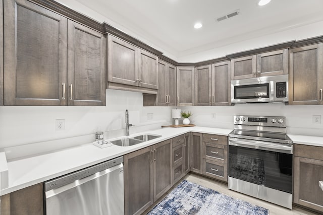 kitchen with light hardwood / wood-style flooring, stainless steel appliances, dark brown cabinetry, and sink