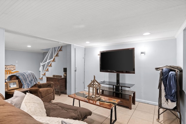 living room with stairs, crown molding, recessed lighting, and light tile patterned floors
