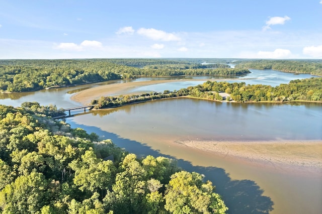 drone / aerial view featuring a wooded view and a water view