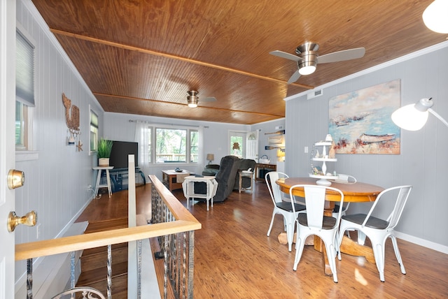 dining space featuring wood-type flooring, wood ceiling, wood walls, and ceiling fan