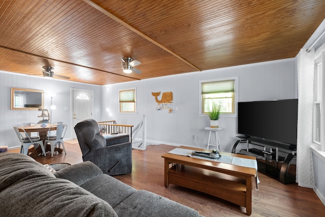 living room with wood ceiling, wood-type flooring, and ceiling fan