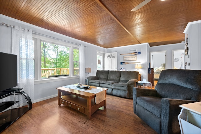 living room with ceiling fan, hardwood / wood-style flooring, crown molding, and wooden ceiling