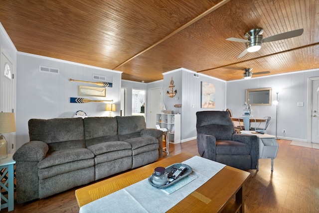 living room featuring wood-type flooring, crown molding, wooden ceiling, and ceiling fan