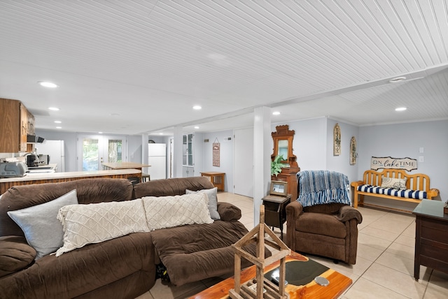 tiled living room featuring wooden ceiling