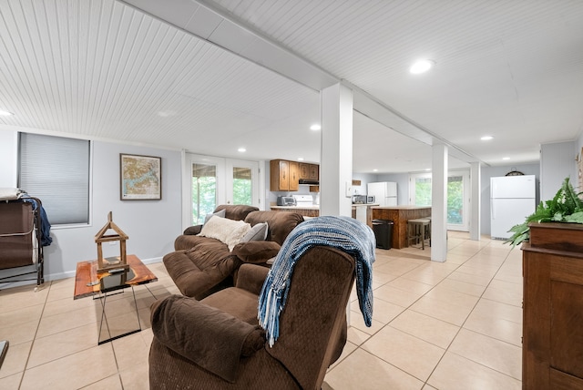 tiled living room featuring wooden ceiling