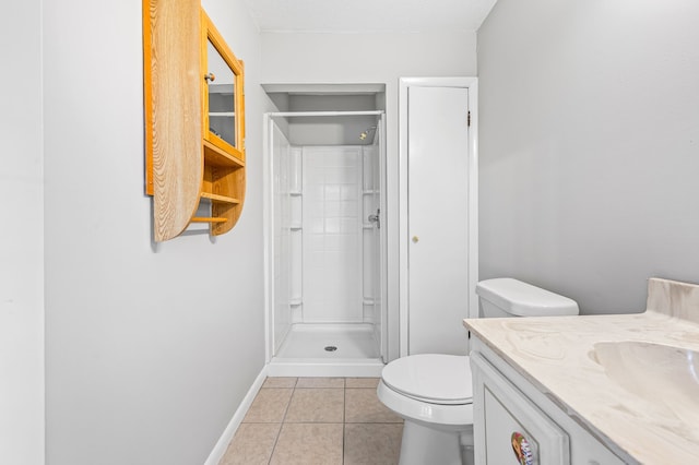 bathroom featuring tile patterned floors, a shower, vanity, and toilet