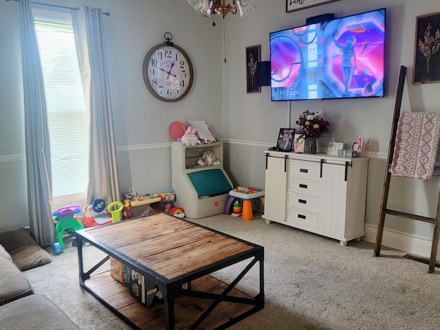 playroom with light colored carpet