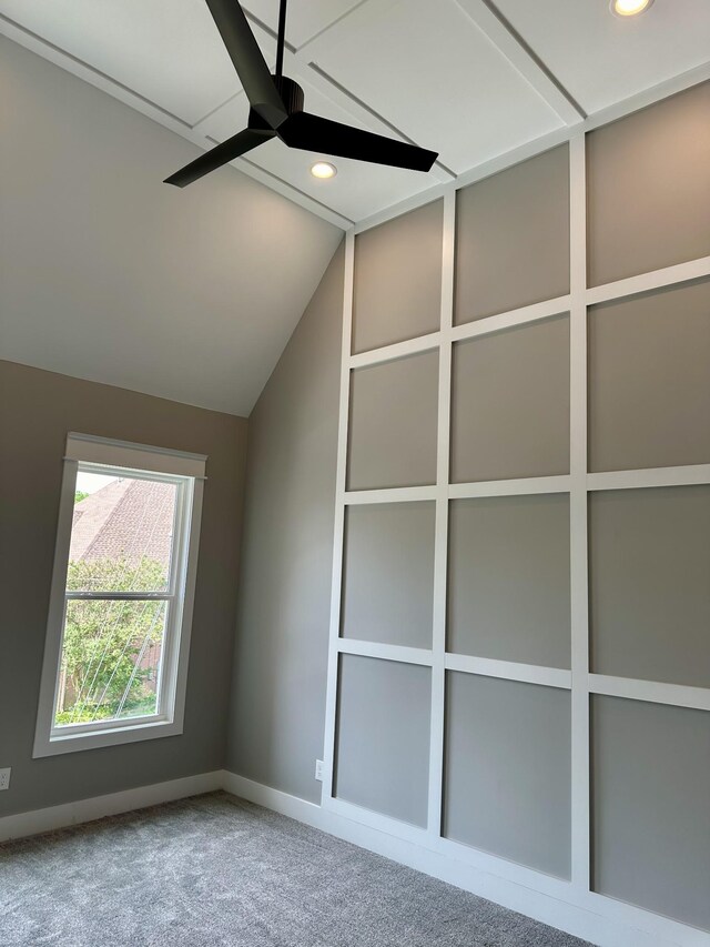 additional living space with lofted ceiling, ceiling fan, and carpet floors