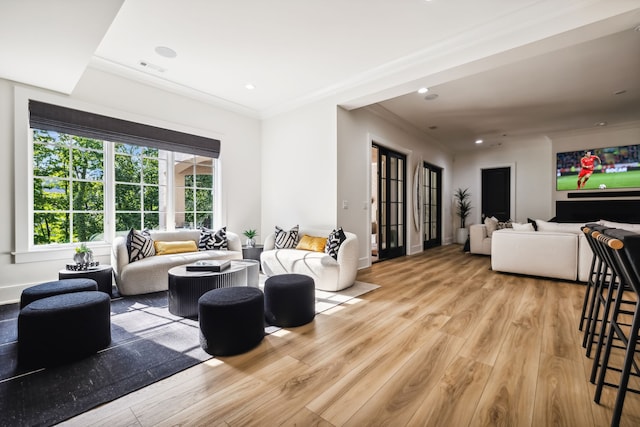 living room featuring ornamental molding and light hardwood / wood-style flooring