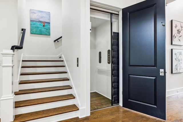 entryway featuring elevator and dark wood-type flooring