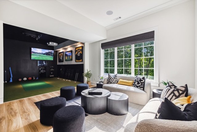 living room with hardwood / wood-style floors and golf simulator