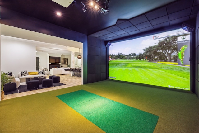 playroom featuring carpet flooring and golf simulator