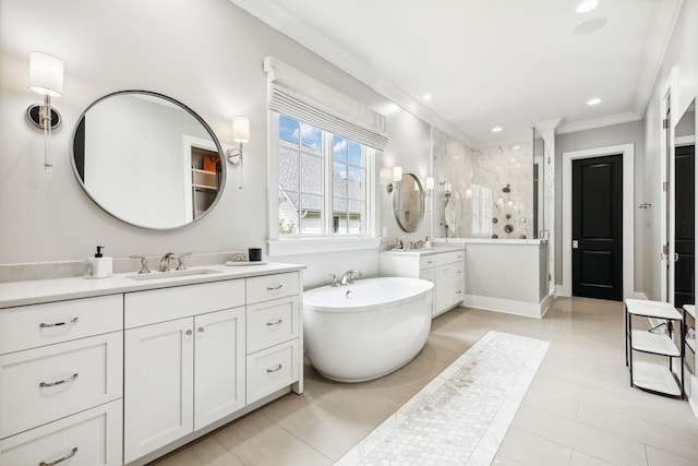 bathroom featuring crown molding, tile patterned flooring, vanity, and independent shower and bath