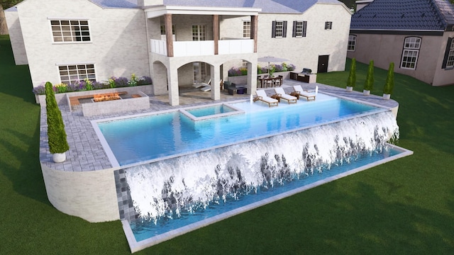 view of pool with a lawn, a patio area, and an in ground hot tub