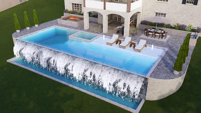 view of swimming pool featuring an in ground hot tub and a patio