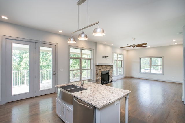 kitchen featuring a fireplace, hanging light fixtures, plenty of natural light, and stainless steel dishwasher