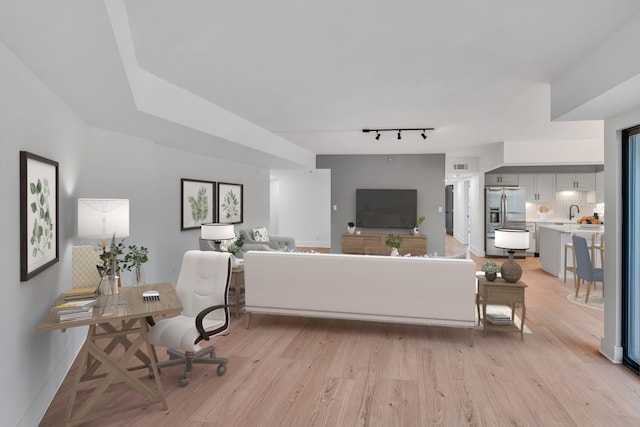 living room featuring light wood-type flooring and track lighting