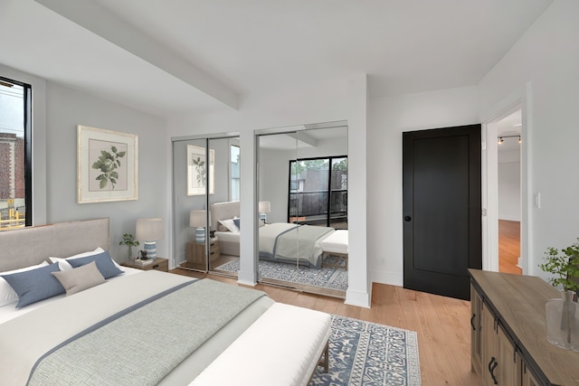 bedroom with light hardwood / wood-style flooring, two closets, and multiple windows