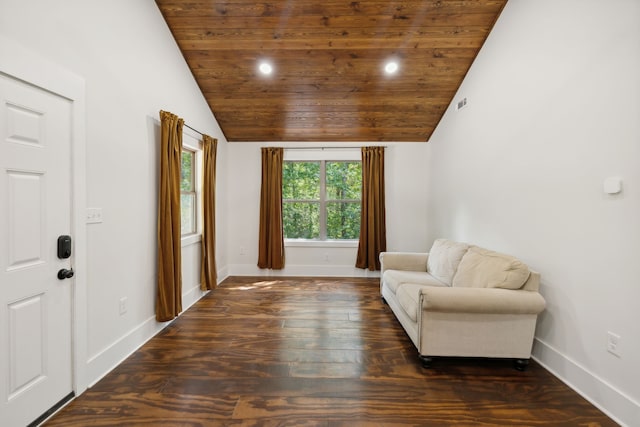 sitting room with wood ceiling, vaulted ceiling, and dark hardwood / wood-style floors