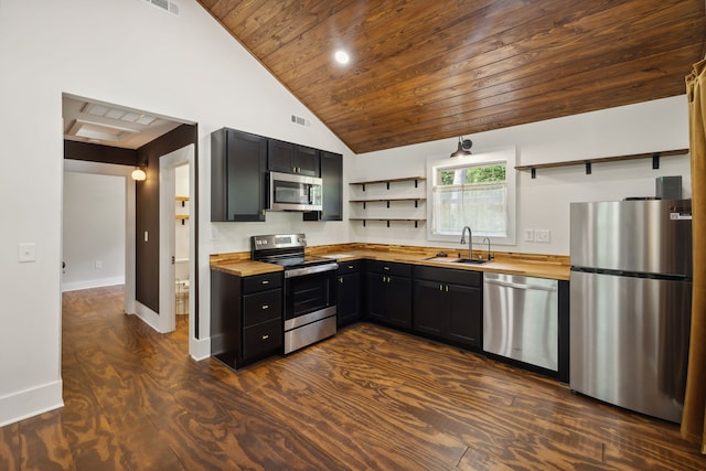 kitchen featuring dark wood-type flooring, sink, appliances with stainless steel finishes, wooden counters, and wooden ceiling