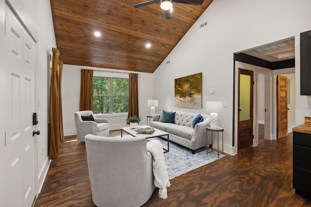 living room with ceiling fan, wood ceiling, dark hardwood / wood-style floors, and high vaulted ceiling