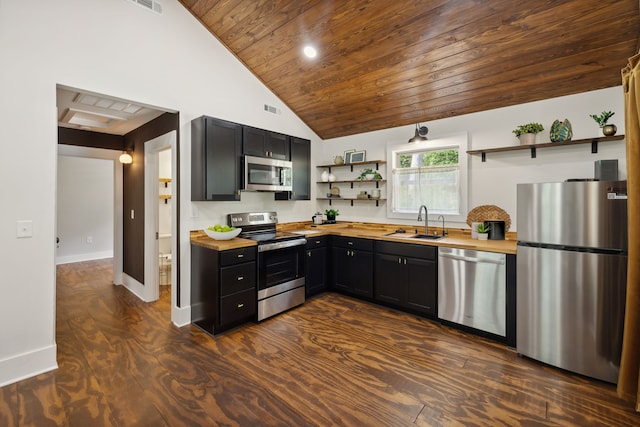 kitchen with sink, appliances with stainless steel finishes, wooden ceiling, dark hardwood / wood-style flooring, and wood counters