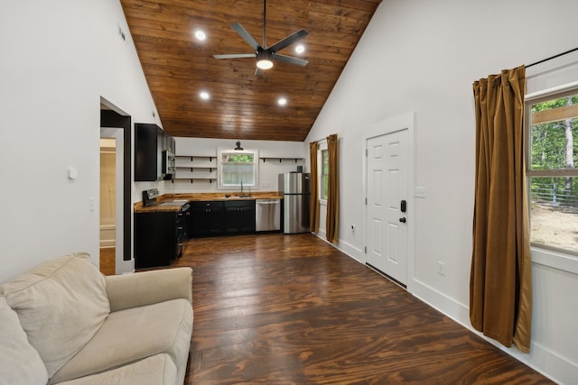 living room featuring wood ceiling, sink, high vaulted ceiling, dark hardwood / wood-style flooring, and ceiling fan