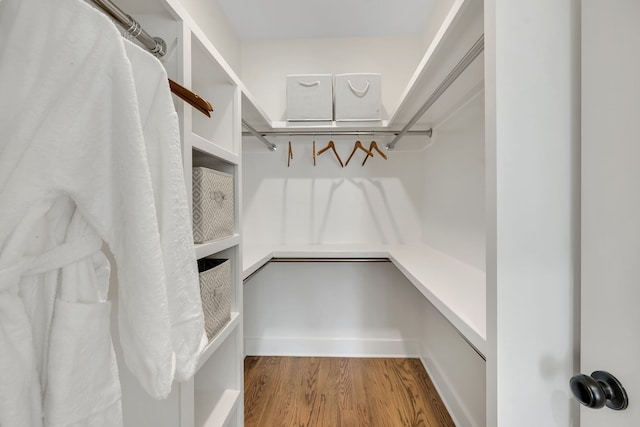 walk in closet with light hardwood / wood-style floors