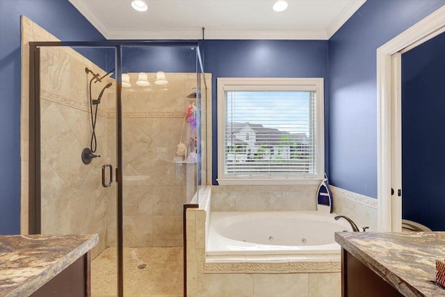 bathroom featuring shower with separate bathtub, crown molding, and vanity