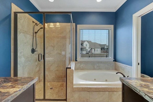 full bathroom featuring a shower stall, vanity, ornamental molding, and a jetted tub