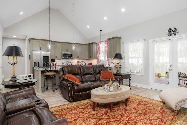 living room with light hardwood / wood-style flooring and high vaulted ceiling