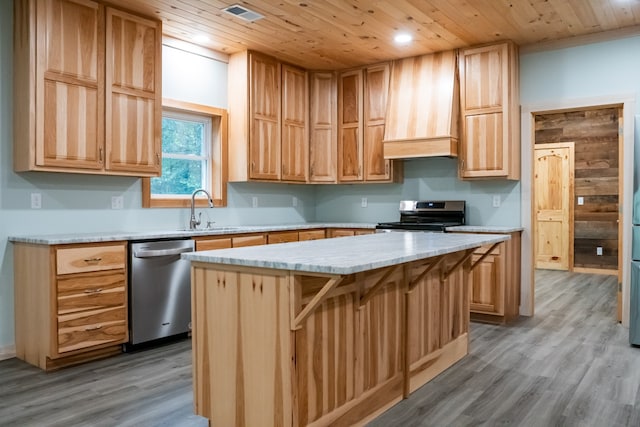 kitchen with appliances with stainless steel finishes, a kitchen island, sink, and light hardwood / wood-style flooring