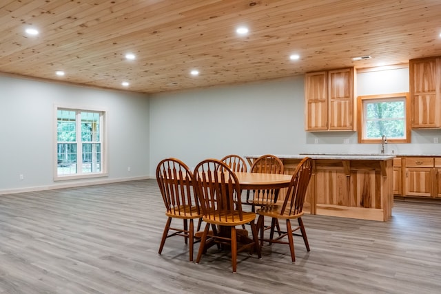 dining space featuring wood ceiling, a wealth of natural light, and light wood-type flooring