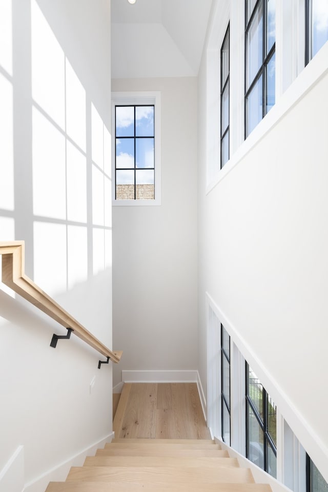 stairs with hardwood / wood-style floors and lofted ceiling