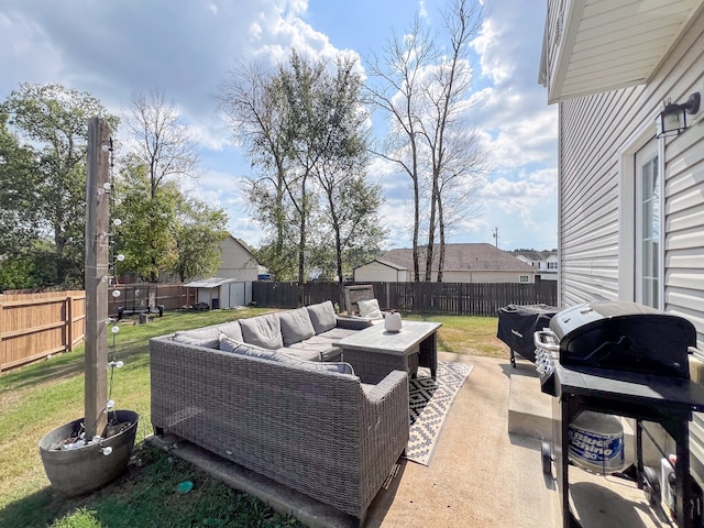 view of patio with a storage unit, a grill, and outdoor lounge area