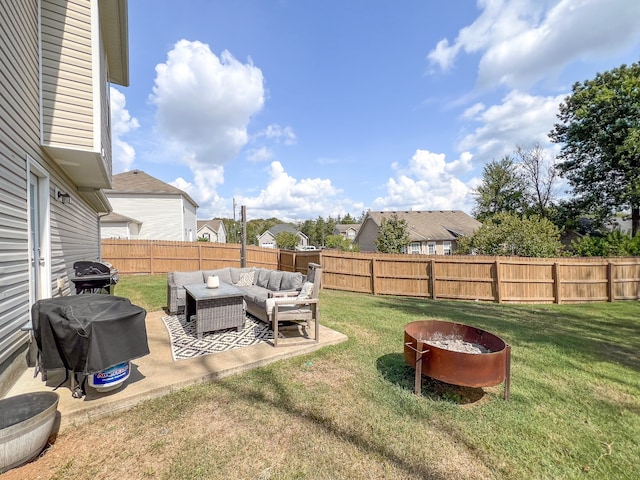 view of yard featuring a patio and an outdoor living space