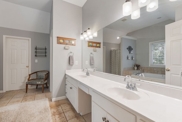 bathroom featuring tile patterned flooring, vanity, and plus walk in shower