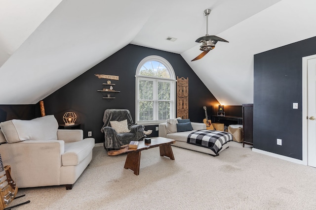 interior space with vaulted ceiling and ceiling fan