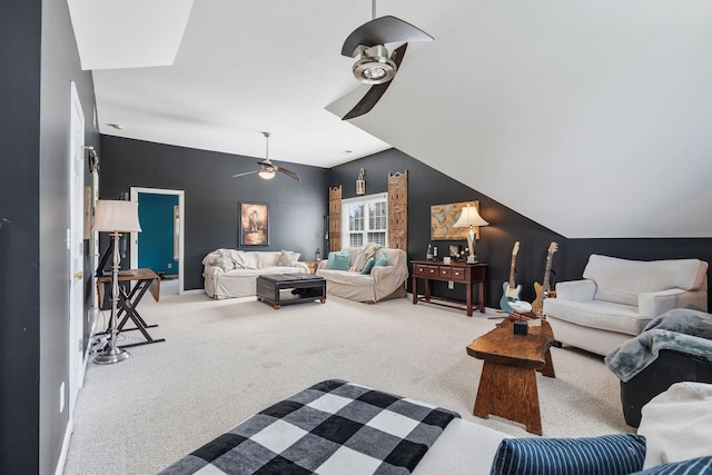 living room featuring carpet, vaulted ceiling, and ceiling fan