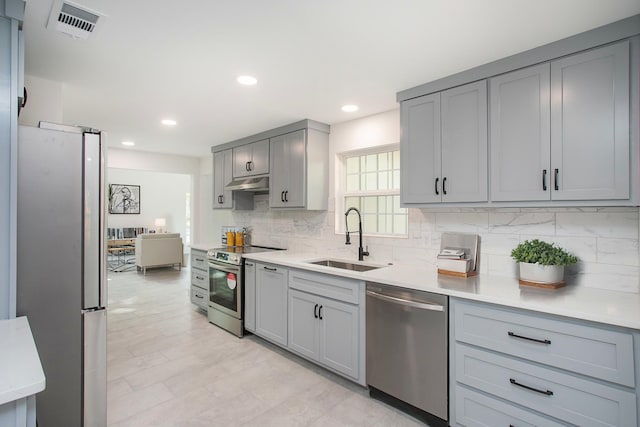 kitchen with gray cabinets, stainless steel appliances, backsplash, and sink