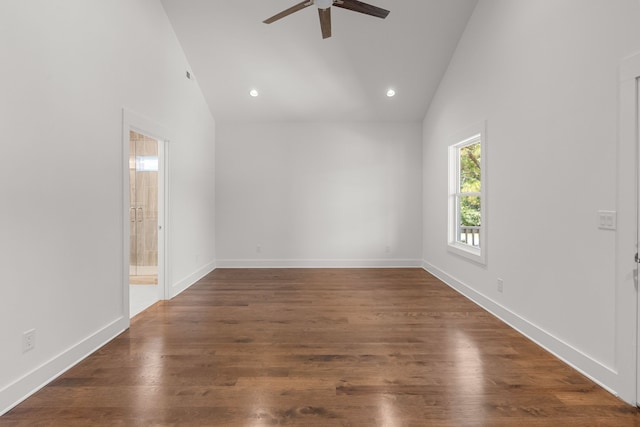 unfurnished room with high vaulted ceiling, ceiling fan, and dark hardwood / wood-style floors