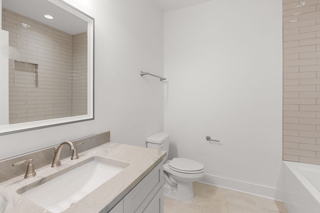 full bathroom with tiled shower / bath combo, tile patterned flooring, vanity, and toilet