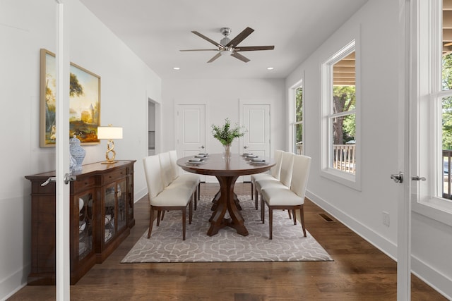 dining room featuring ceiling fan and dark hardwood / wood-style floors