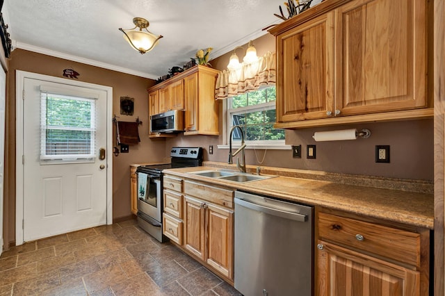 kitchen with appliances with stainless steel finishes, sink, and crown molding