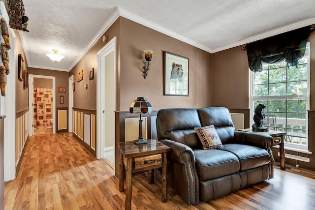 living area featuring ornamental molding, light wood-type flooring, and a textured ceiling