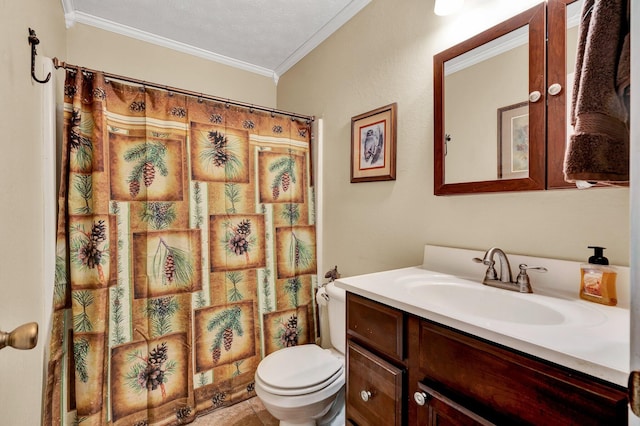 bathroom with vanity, ornamental molding, a textured ceiling, a shower with curtain, and toilet