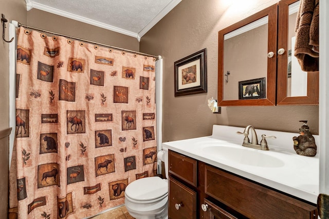 bathroom featuring vanity, a textured ceiling, crown molding, tile patterned flooring, and toilet