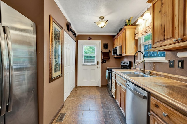 kitchen with sink, appliances with stainless steel finishes, ornamental molding, and a textured ceiling